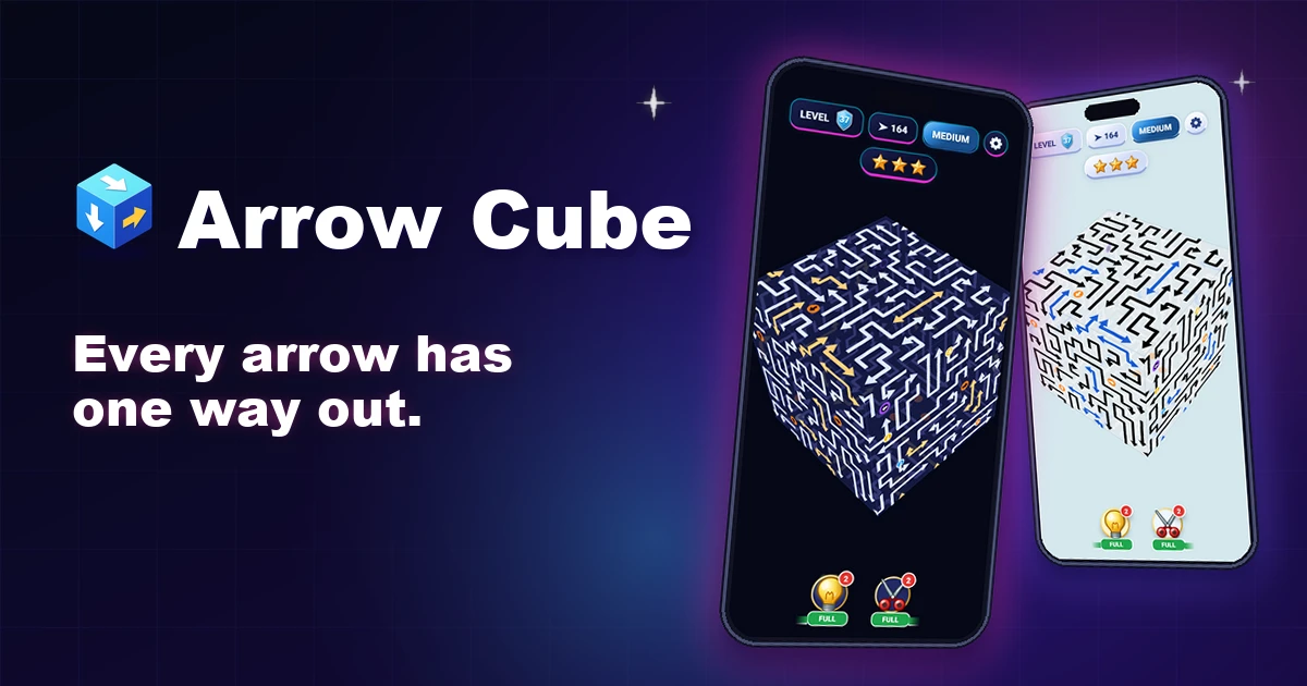 Arrow Cube: Slide Puzzle logo beside two phone screens, one showing the maze-covered cube and one showing the level map, with the tagline Every arrow has one way out
