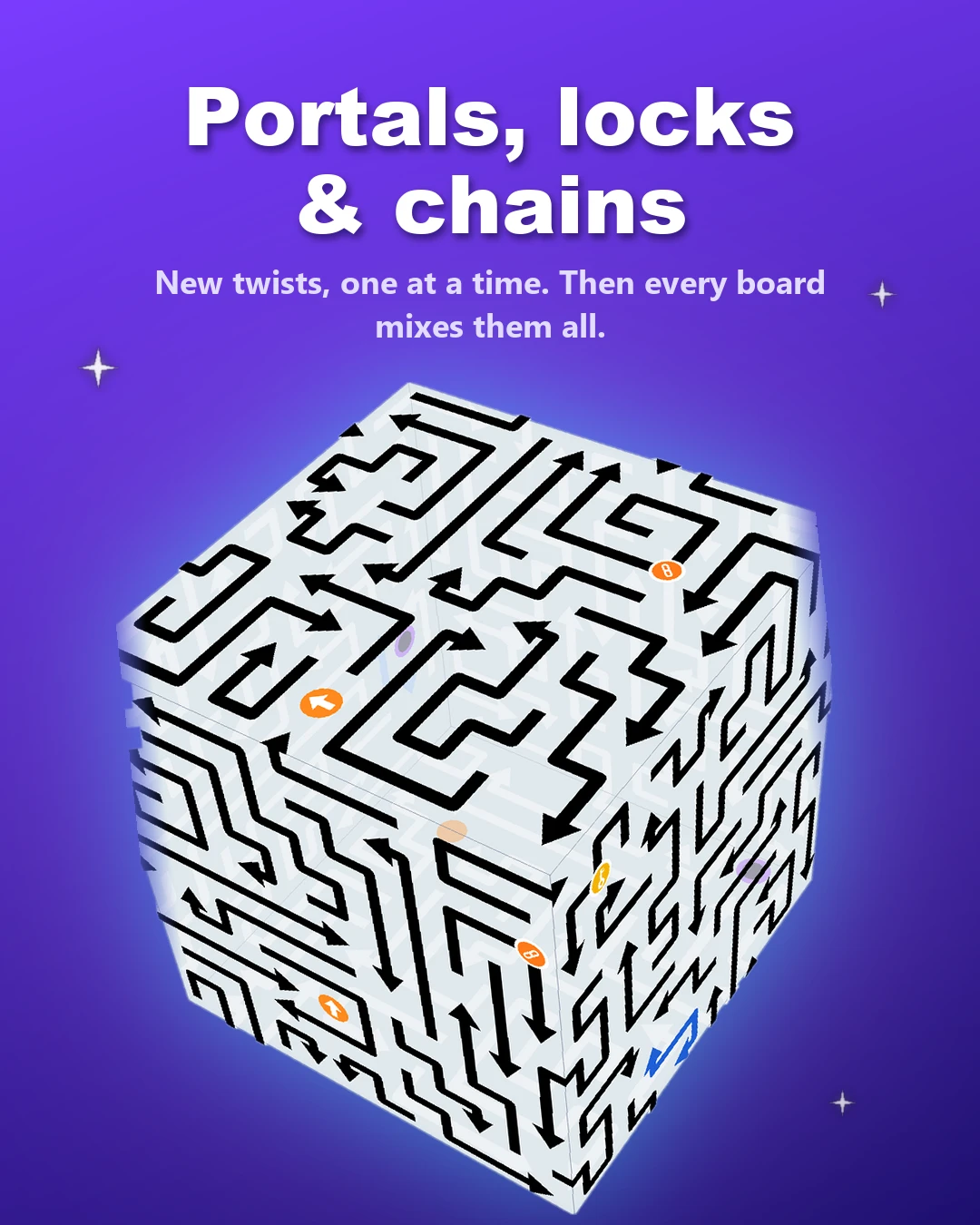 Portals, locks and chains: a maze-covered cube showing the new puzzle twists