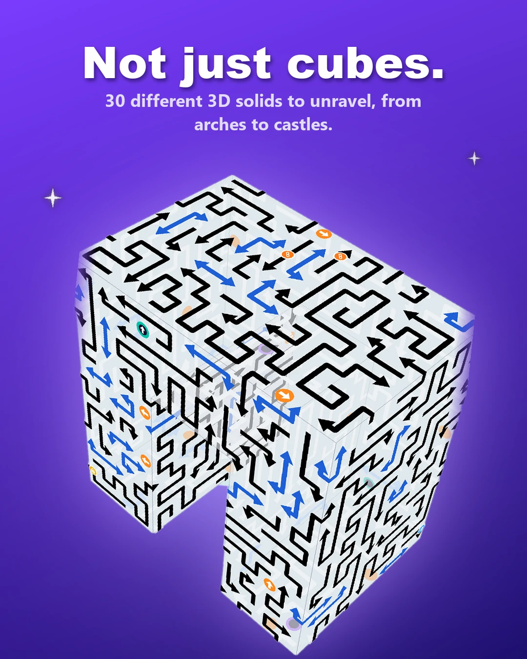 Not just cubes: 30 different 3D solids to unravel, from arches to castles, shown as a maze-covered L-shaped block