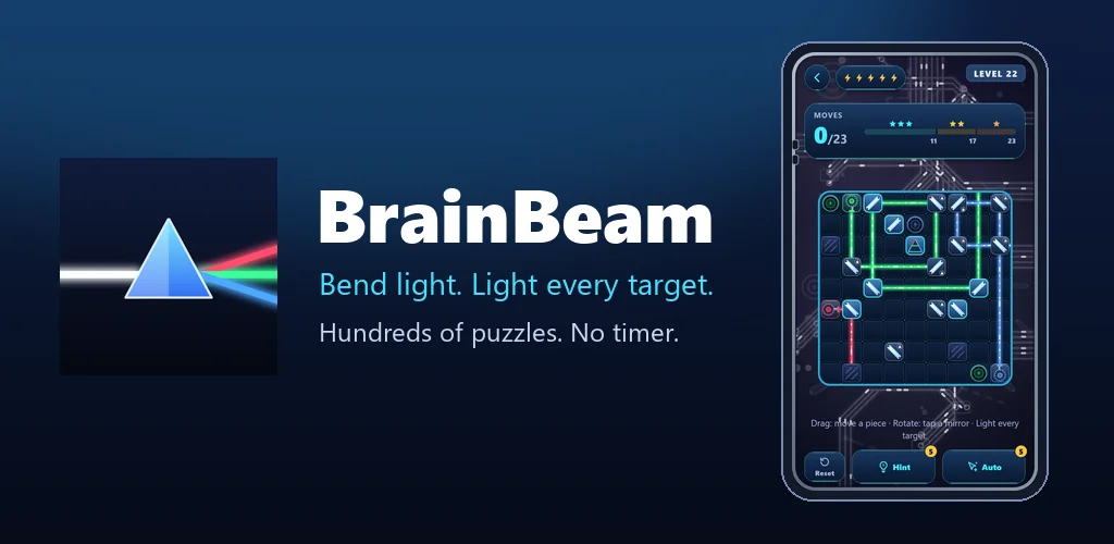 BrainBeam: Laser Puzzle feature graphic with a prism splitting white light and the tagline Bend light. Light every target. Hundreds of puzzles. No timer.