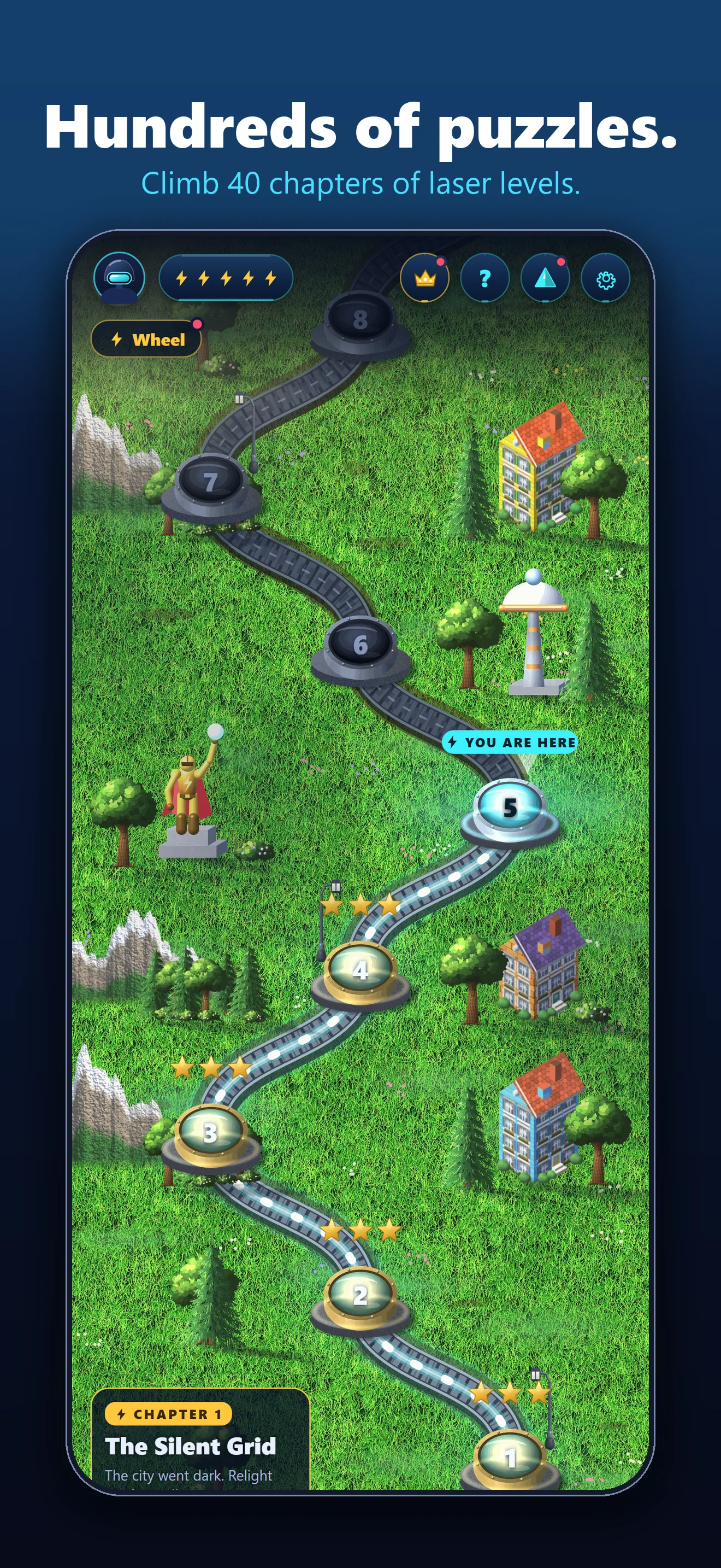 BrainBeam promotional artwork: Chapter 1, The Silent Grid, on the level map, captioned Hundreds of puzzles
