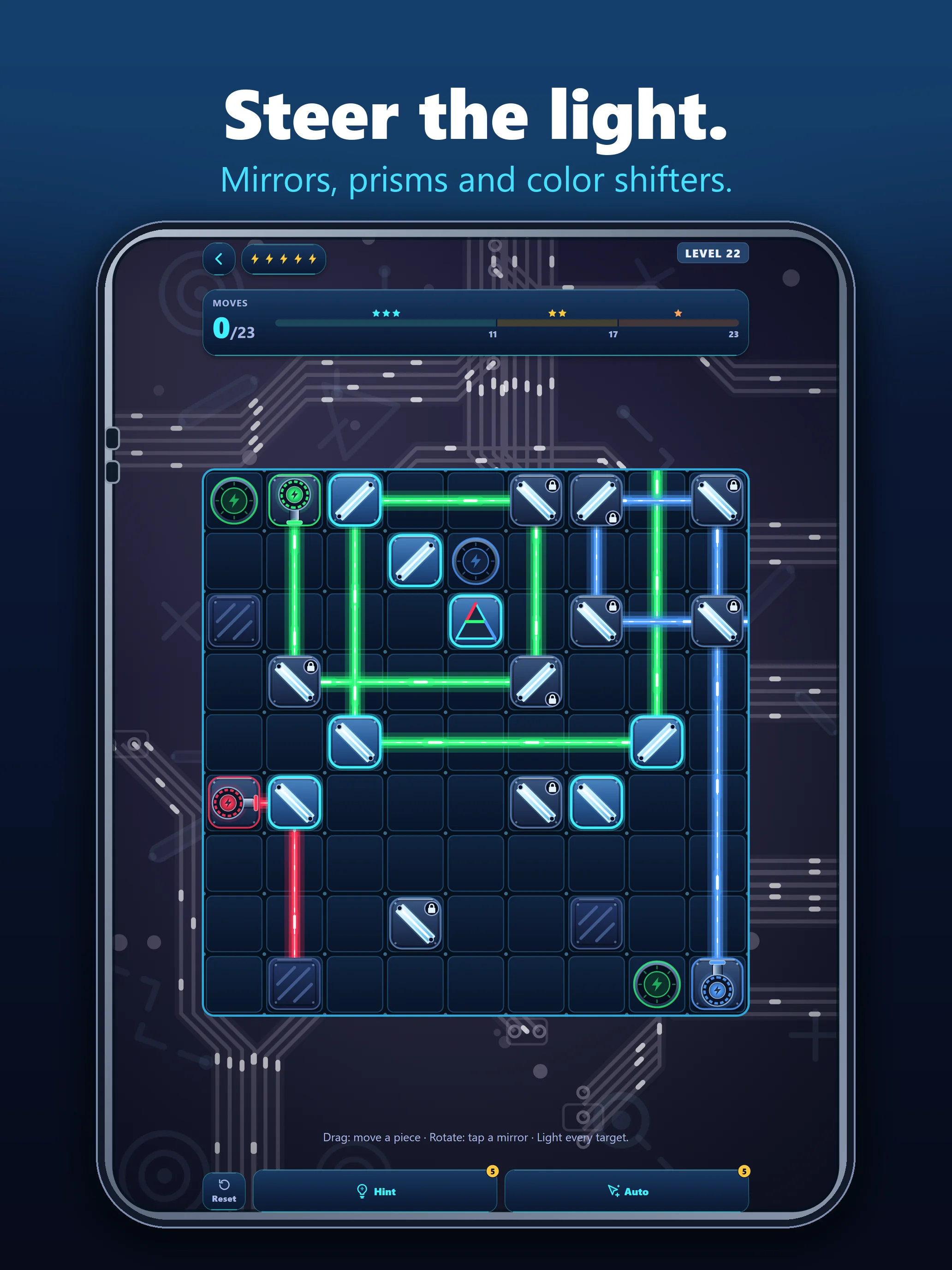 BrainBeam on iPad: level 22 puzzle board with mirrors, prisms, and color shifters, captioned Steer the light