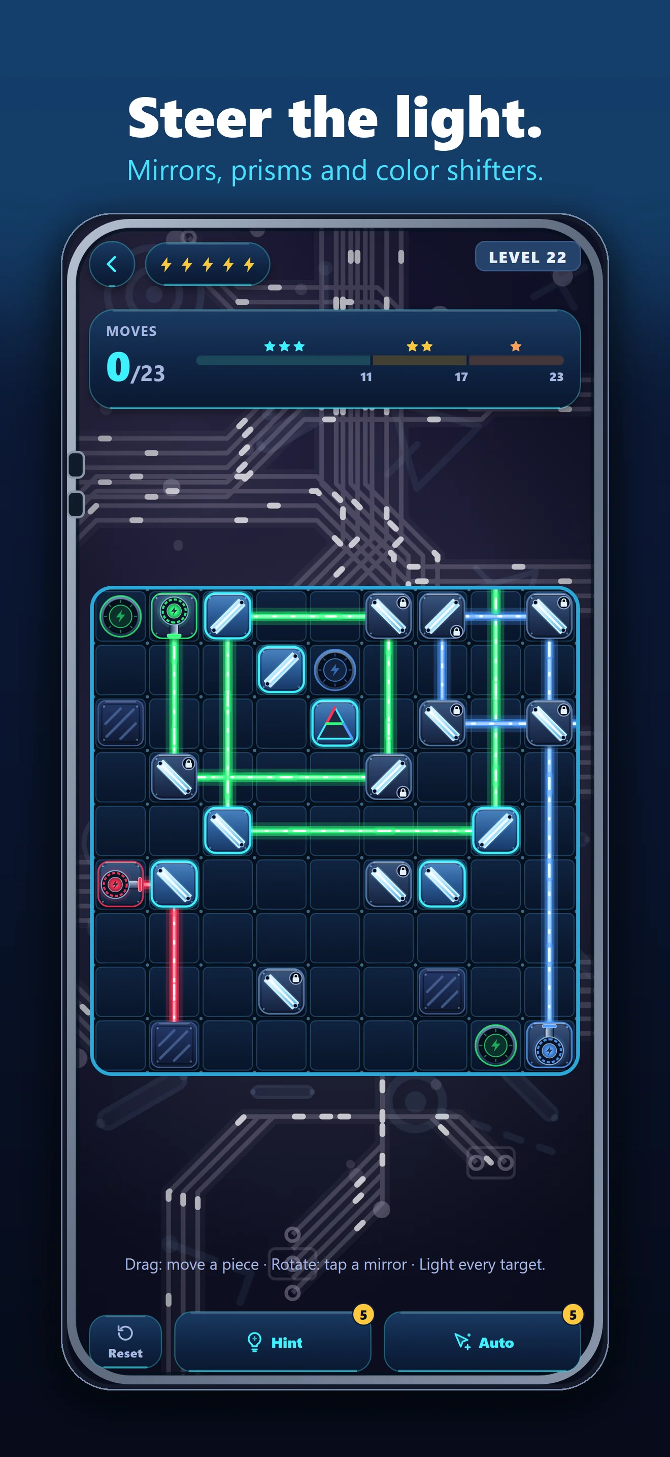 BrainBeam screenshot: level 22 puzzle board with mirrors, prisms, and color shifters, captioned Steer the light