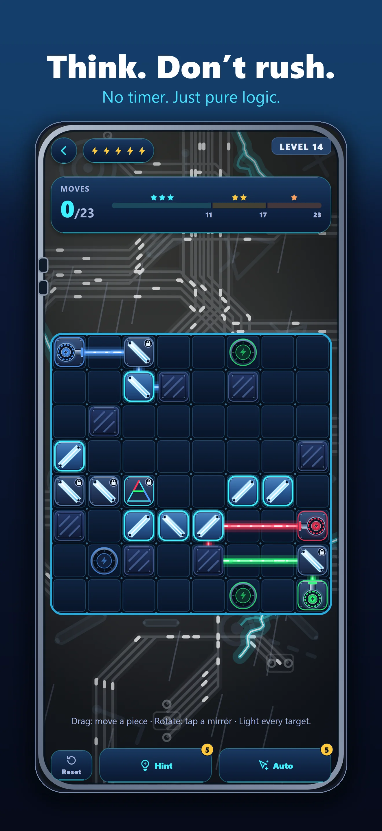 BrainBeam screenshot: level 14 puzzle with no timer, captioned Think. Don't rush.