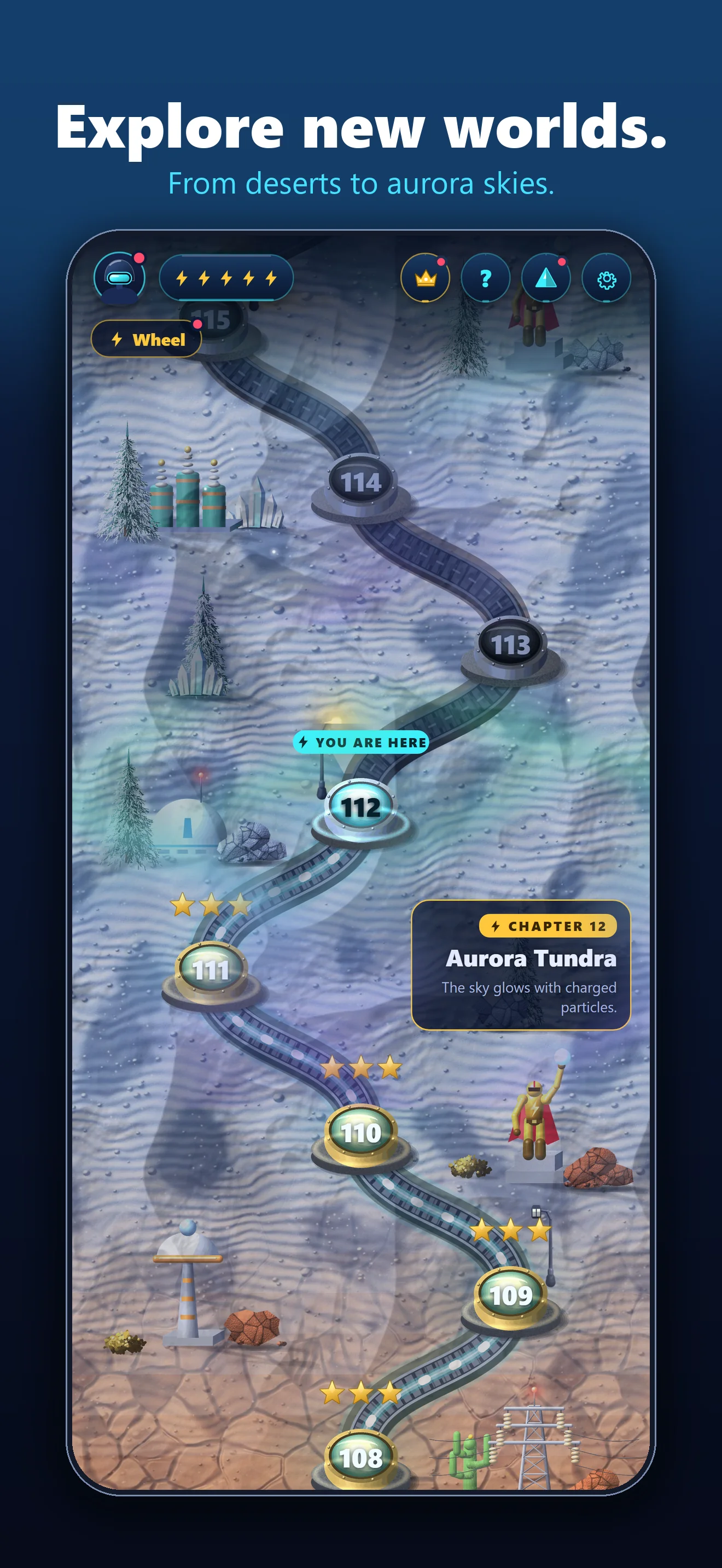 BrainBeam screenshot: Chapter 12, Aurora Tundra, on the level map, captioned Explore new worlds