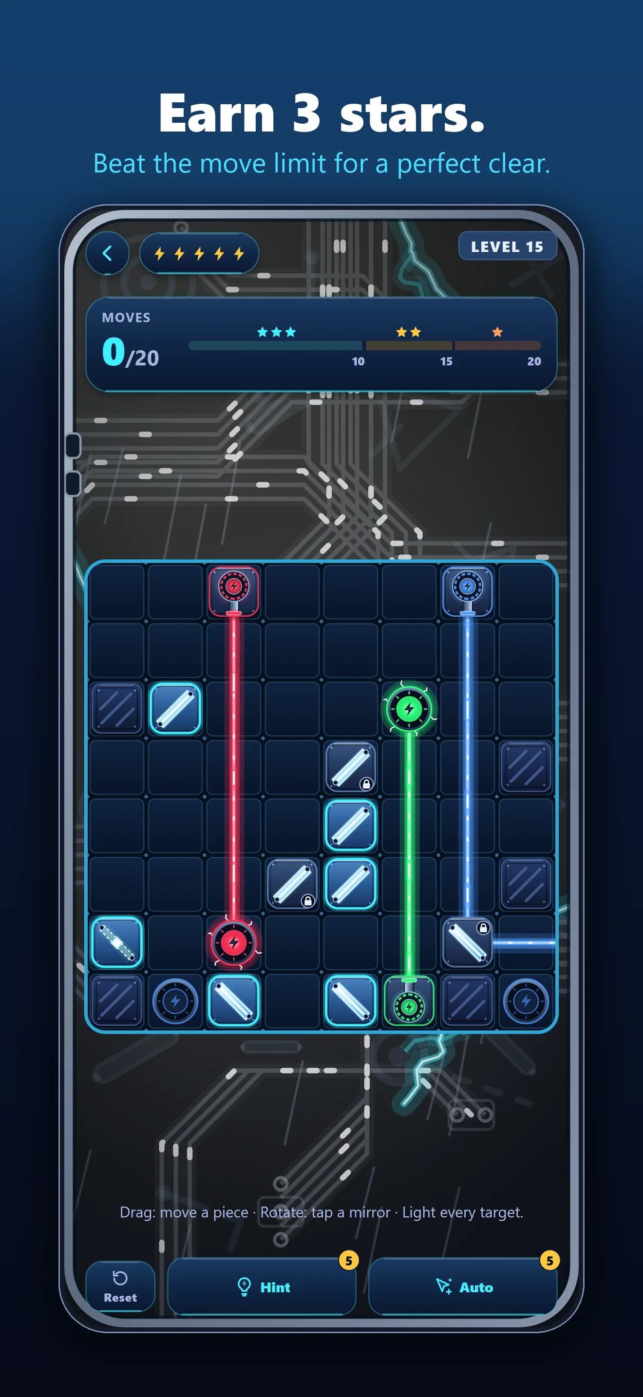 BrainBeam screenshot: level 15 with a 3-star move target, captioned Earn 3 stars
