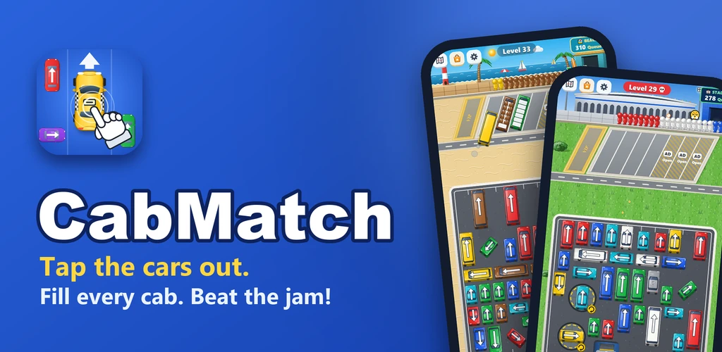 CabMatch logo with a yellow cab being tapped between a red and a green car, with the tagline Tap the cars out. Fill every cab. Beat the jam!