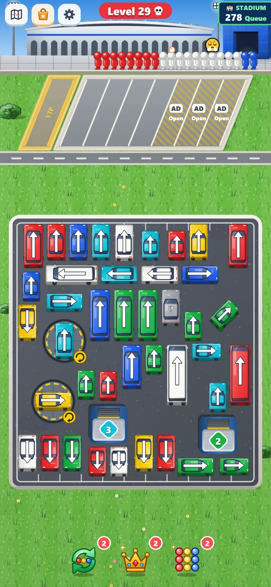 CabMatch level 29 at the stadium: a packed parking lot of colored cars and arrows, with a queue of fans waiting at the gate