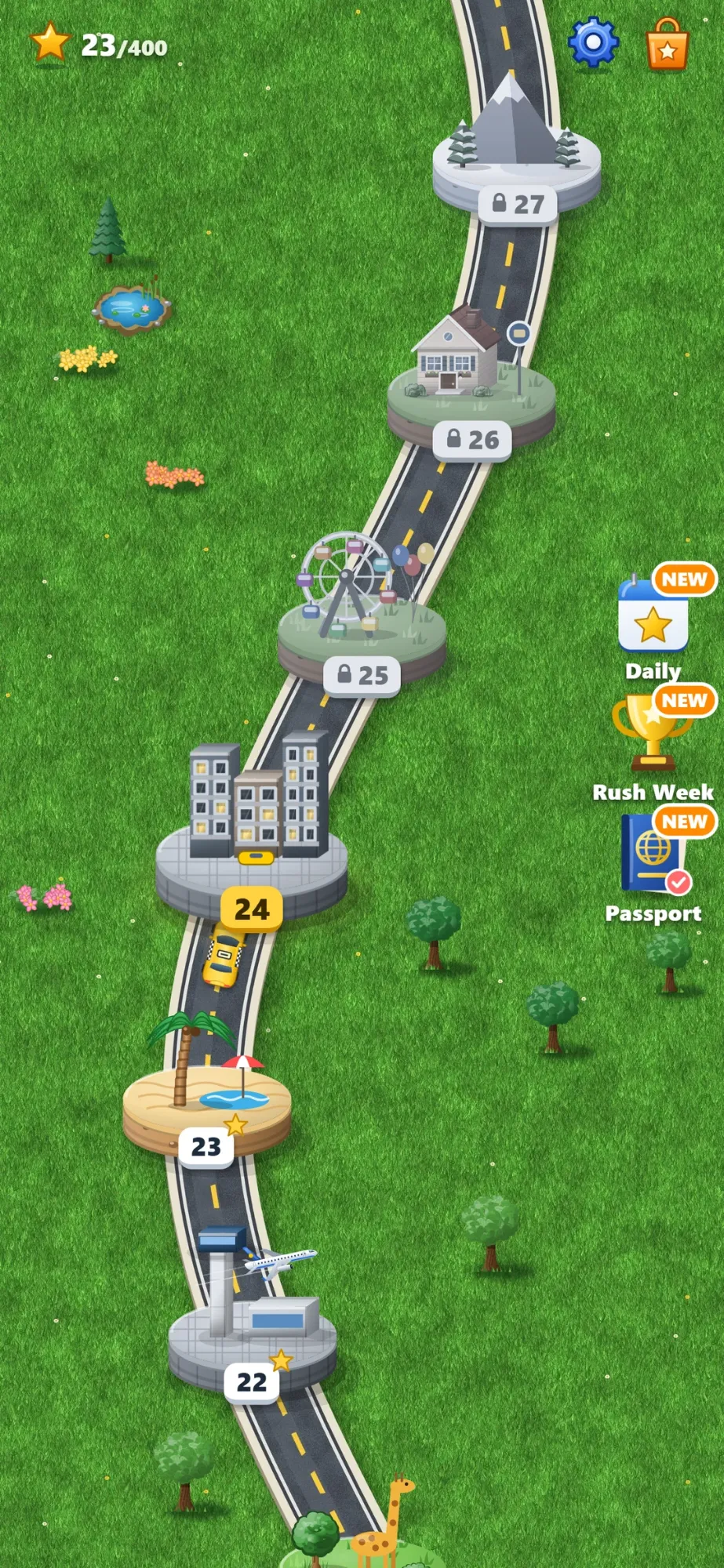 CabMatch world map showing locked chapters for the mountain, house, ferris wheel, city, beach and airport worlds